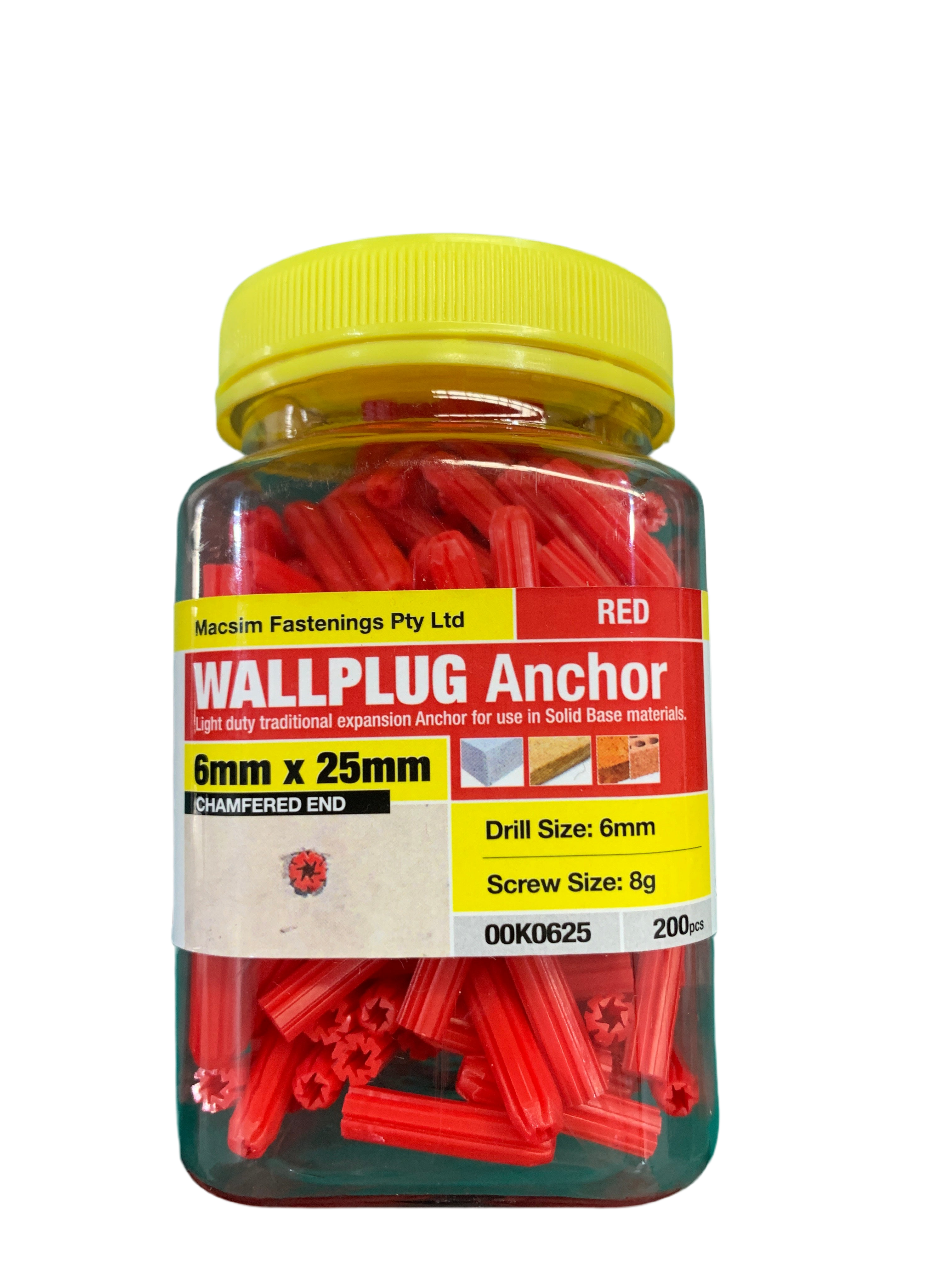 MACSIM RED WALL PLUG 6GX25MM 200(PCS)  in JAR